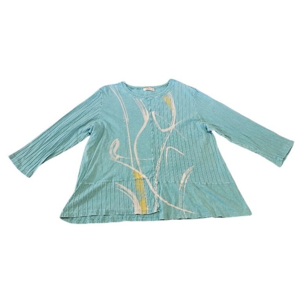 Jess & Jane Womens 1X Blue Mineral Wash Ribbed Abstract Graphic Tunic Top Artsy